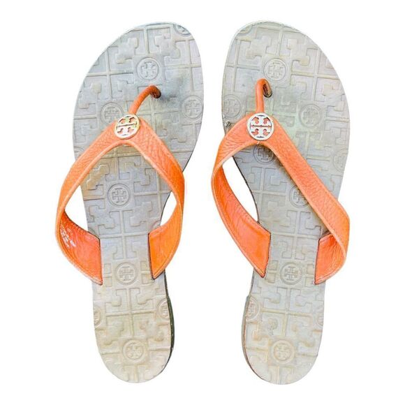 Tory Burch Thora Orange Leather Flip Flop Sandals Womens Size 11 - Picture 2 of 7